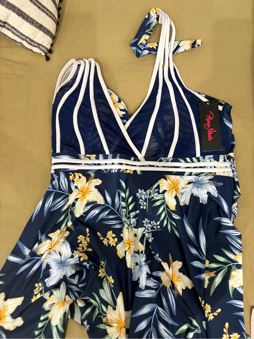 Hanna Nikole Navy Floral swim dress Swimsuit with Yellow/White Hibiscus TOP ONLY